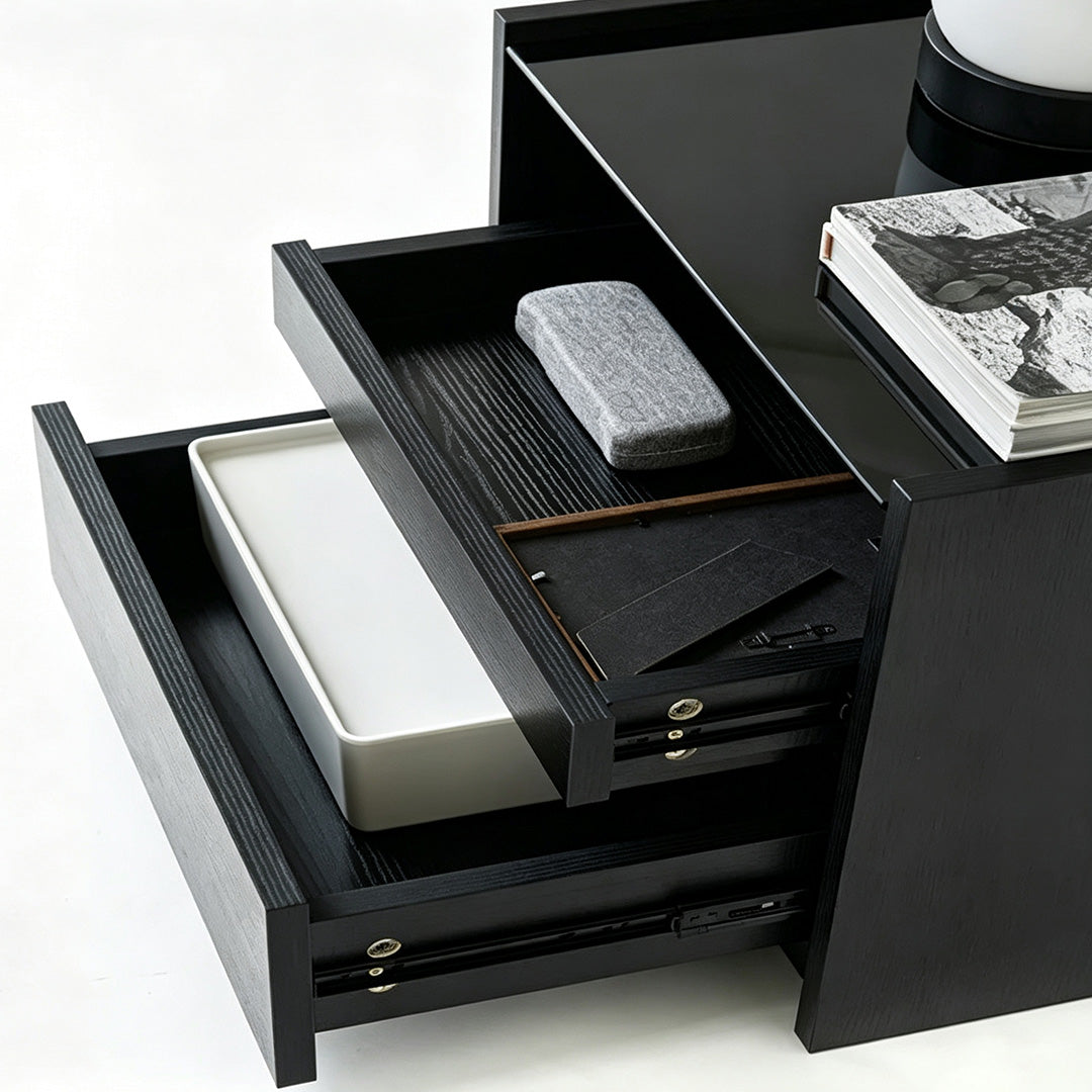 Frank Black Oak Nightstand With Glass Top