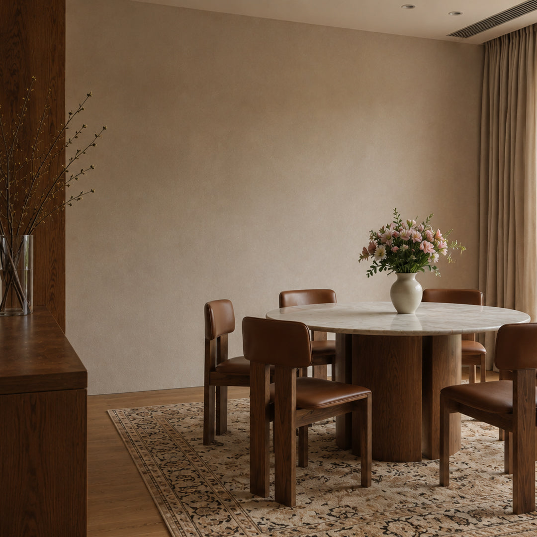 Laurel Taupe Marble Round Dining Table with Wooden Base