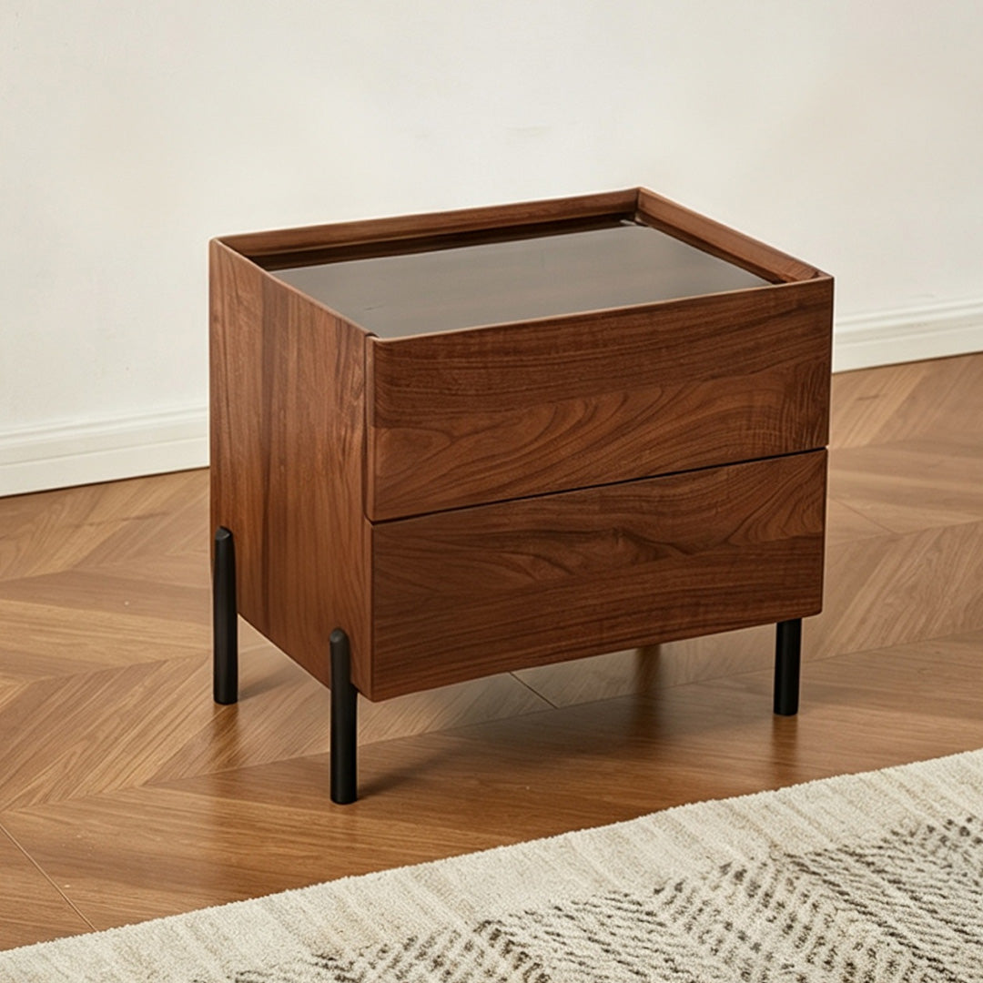 Edmundwalnut Wood Bedside Table With Black Metal Legs
