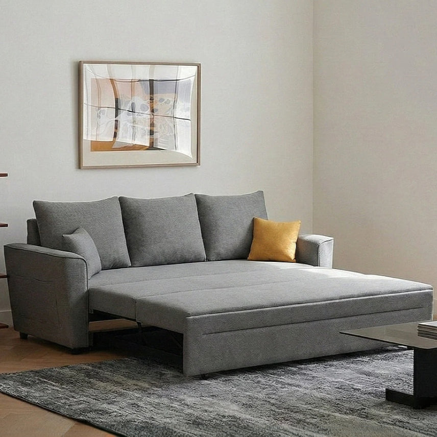 Modern grey linen sofa bed in extended lounge position