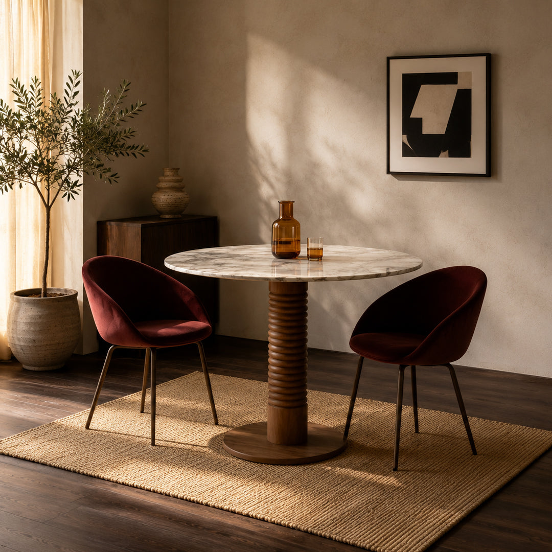 Elara Marble & Walnut Round Dining Table