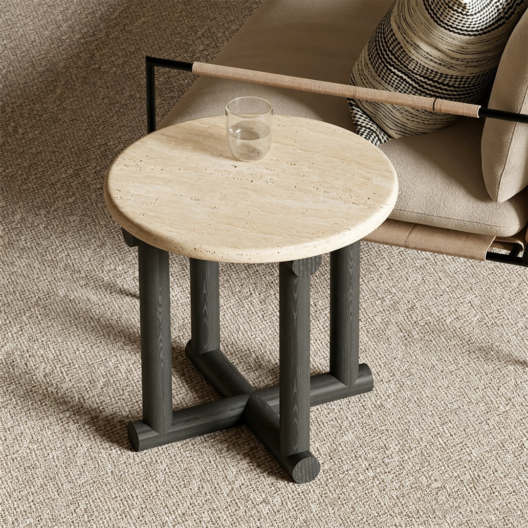 Drake Travertine And Ebony Round Side Table