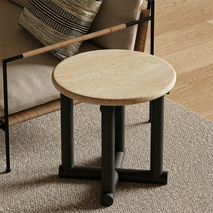 Drake Travertine And Ebony Round Side Table