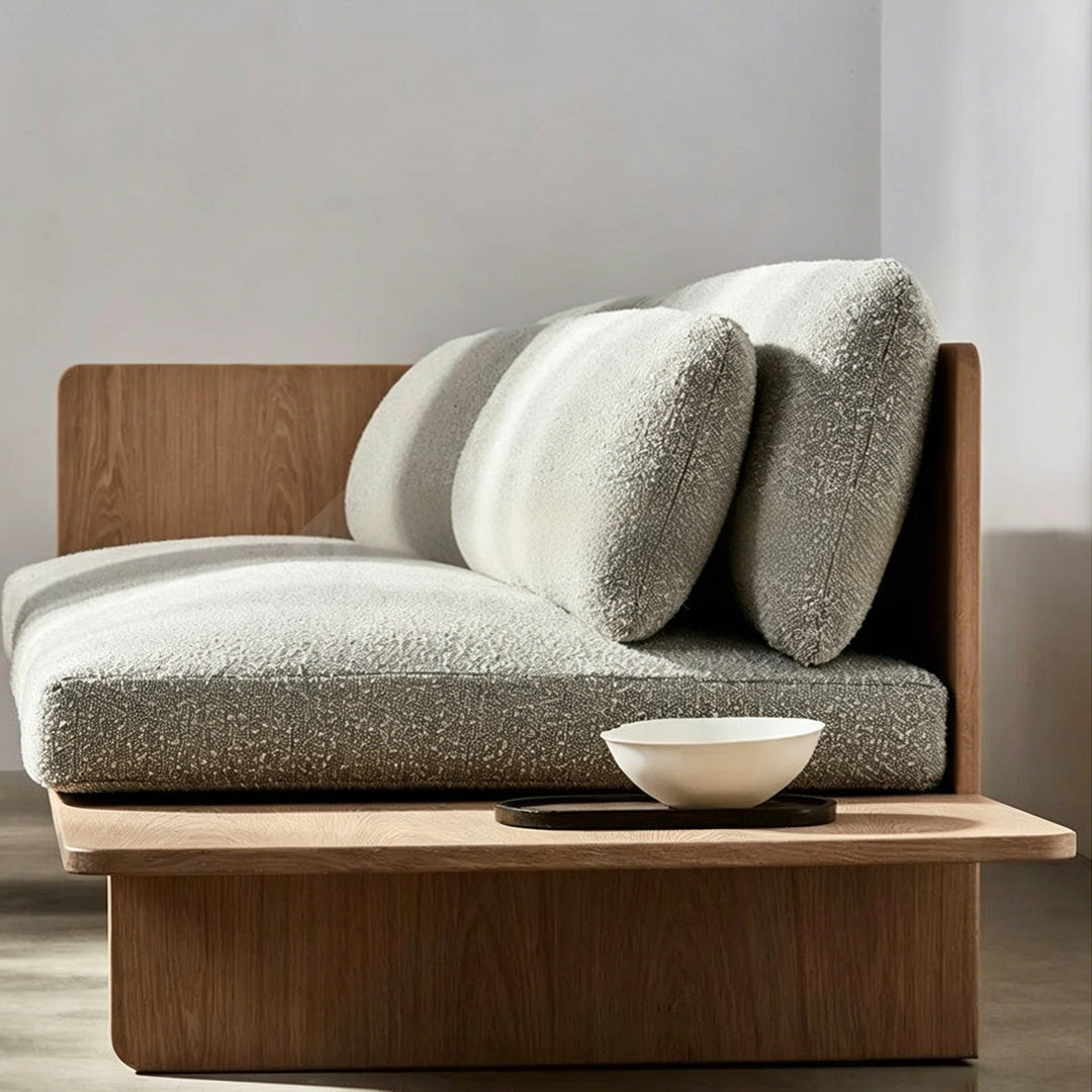 Craigie grey fabric sofa side view with integrated oak tray
