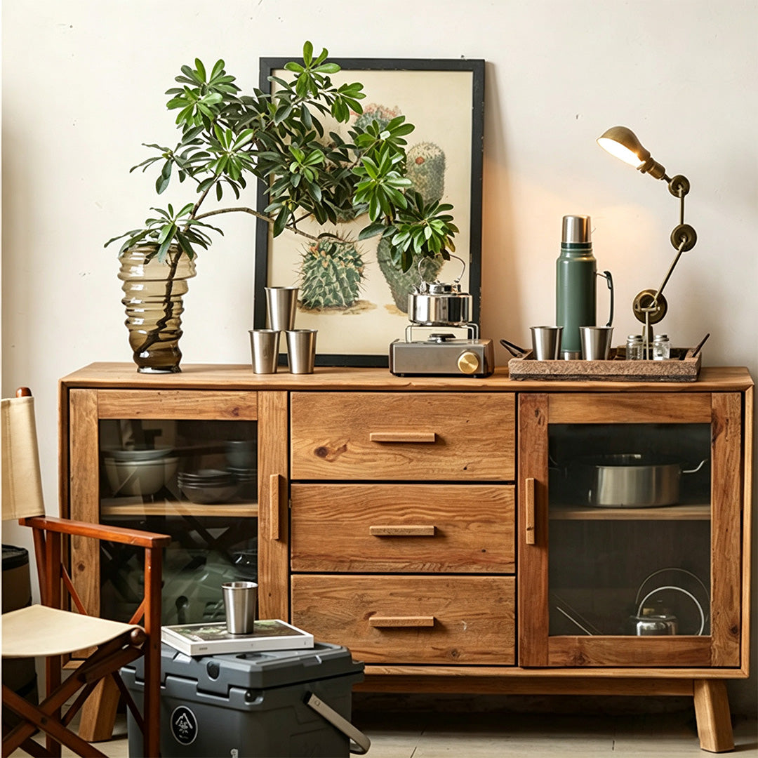 Jake Natural Wood Sideboard With Glass Doors And Drawers