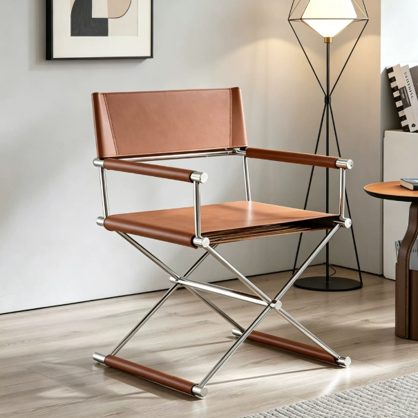 High-end single chair, Bauhaus style, casual folding director chair, Italian minimalist saddle leather dining chair