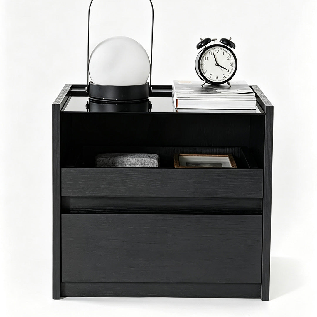 Frank Black Oak Nightstand With Glass Top