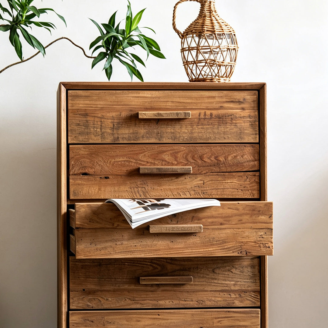 Janus brown solid wood cabinet with middle drawer open