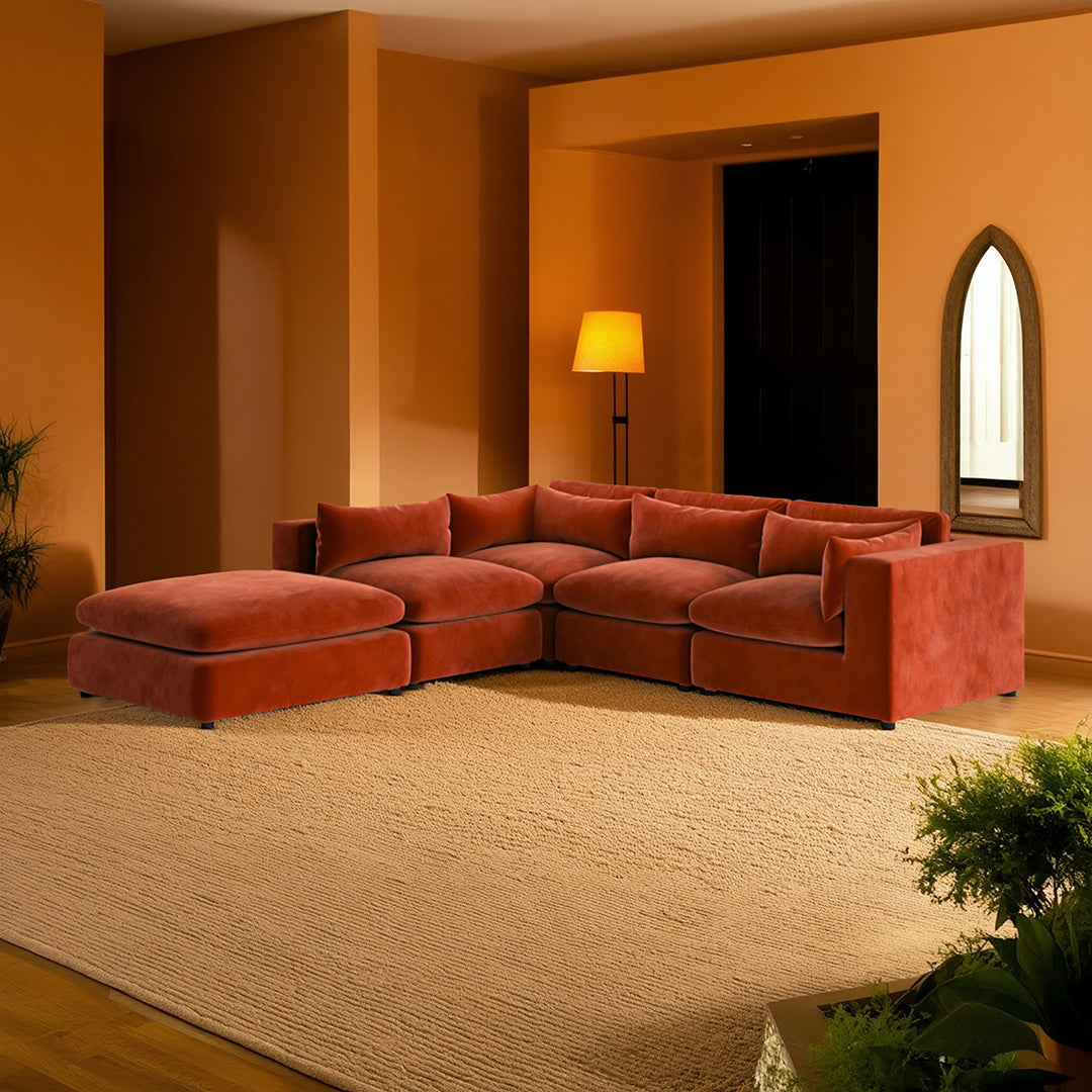 Detail view of Ranjan Three Seater Corner Sofa, Red Velvet with bubble corner sofa