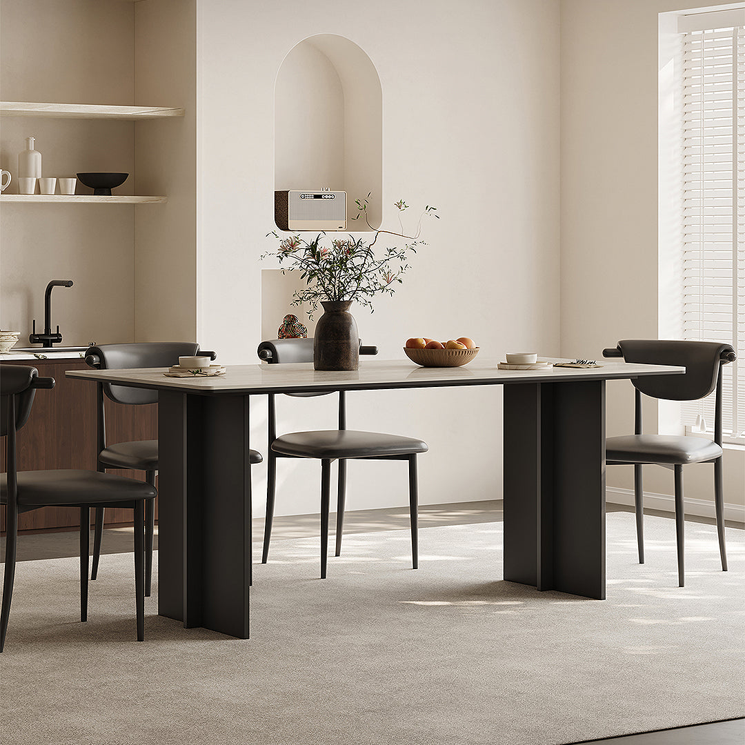 Hasegawa Dining Table, Sintered Stone With Black Legs, side view of round extending dining room table and chairs