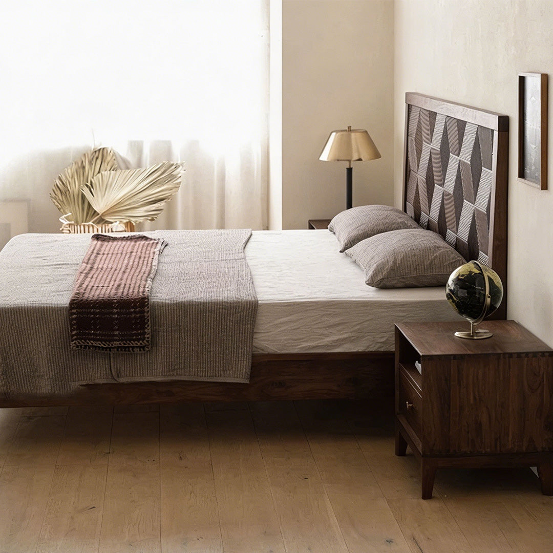 Elowen Walnut Wood Carved Bed Frame