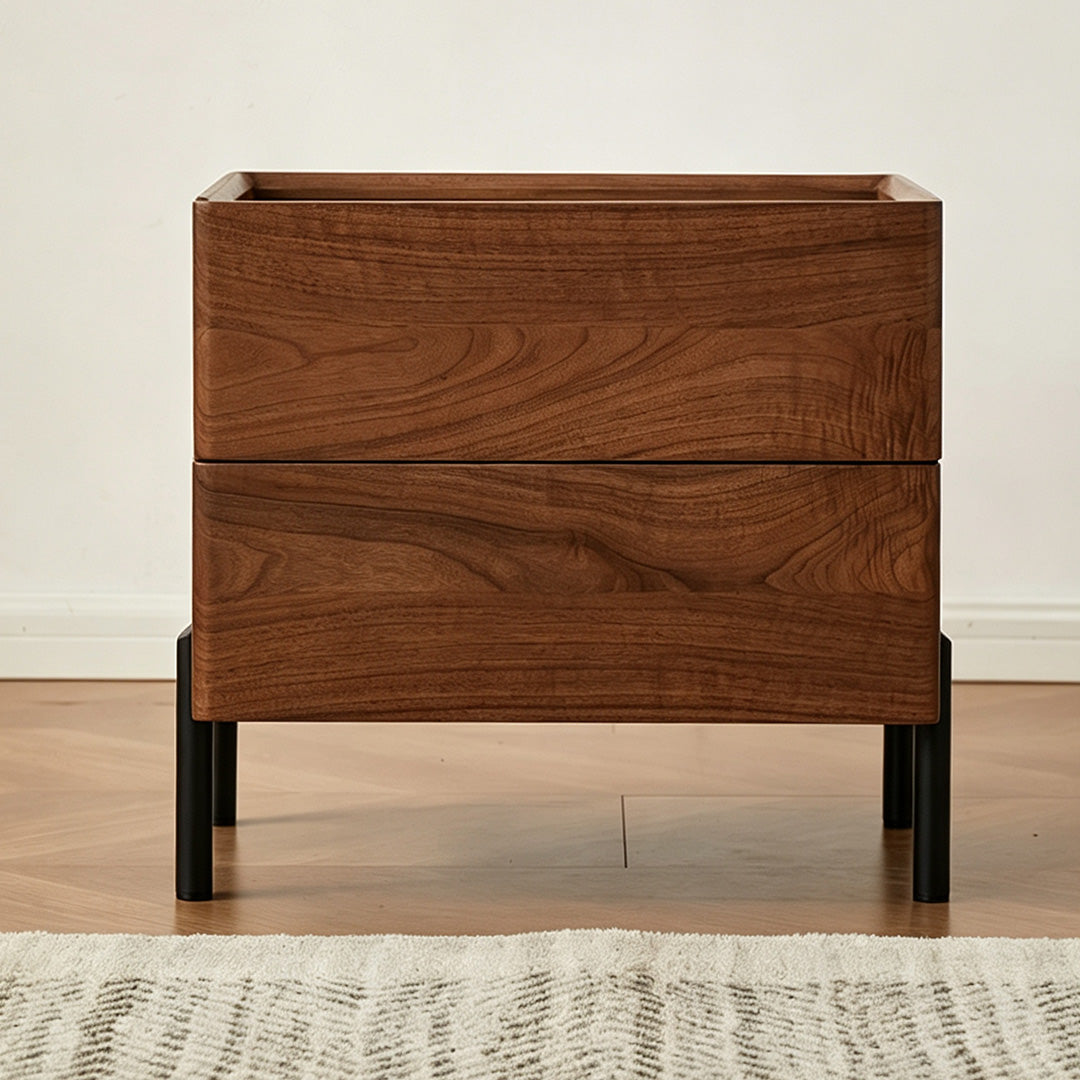 Edmundwalnut Wood Bedside Table With Black Metal Legs