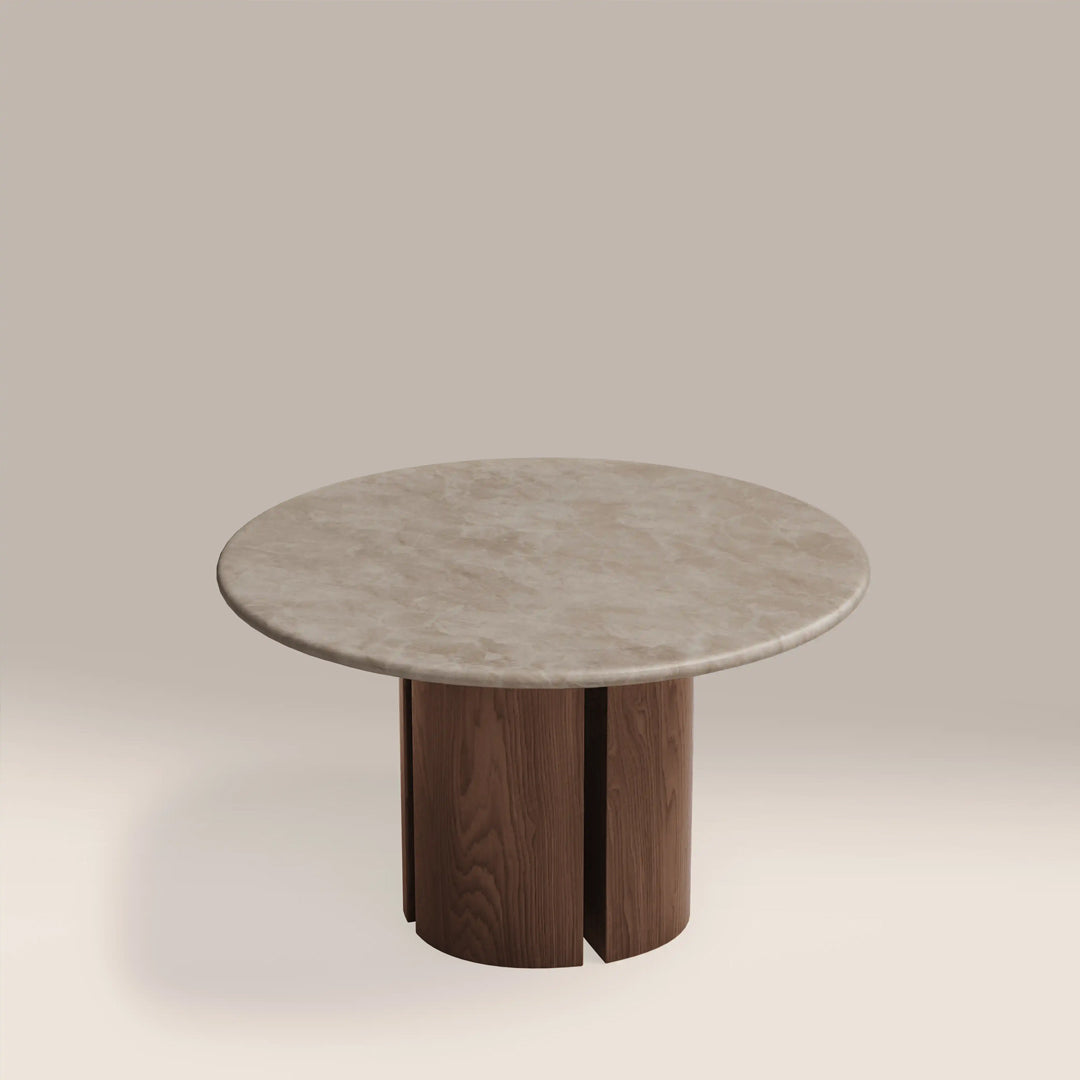 Laurel Taupe Marble Round Dining Table with Wooden Base