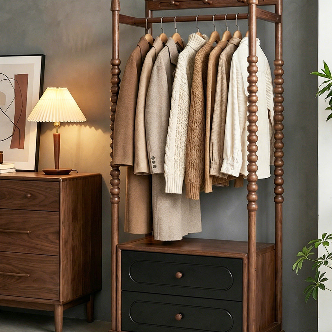 Pauline Walnut Finish Spindle Hall Tree With Drawers