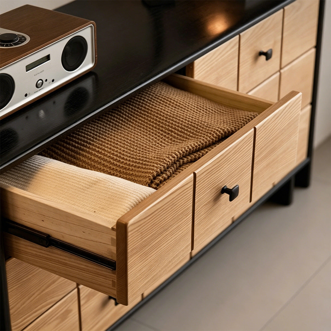 Cameron Natural Wood And Black Frame Storage Cabinet Set