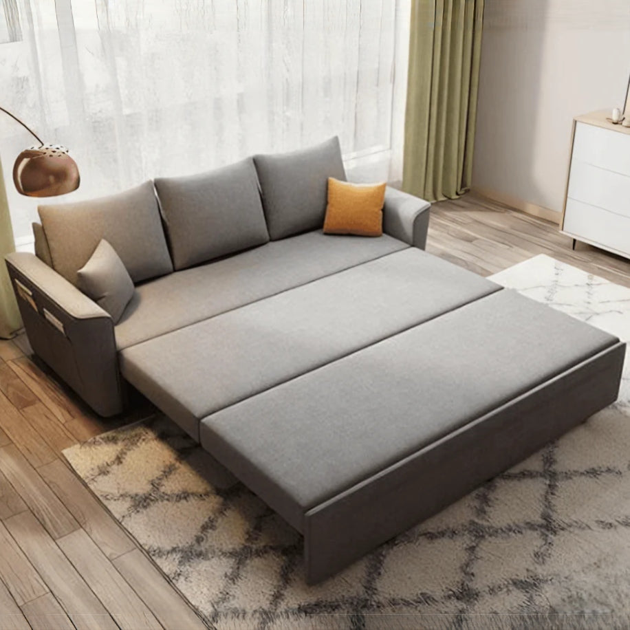 Modern grey linen sofa bed fully extended for sleeping