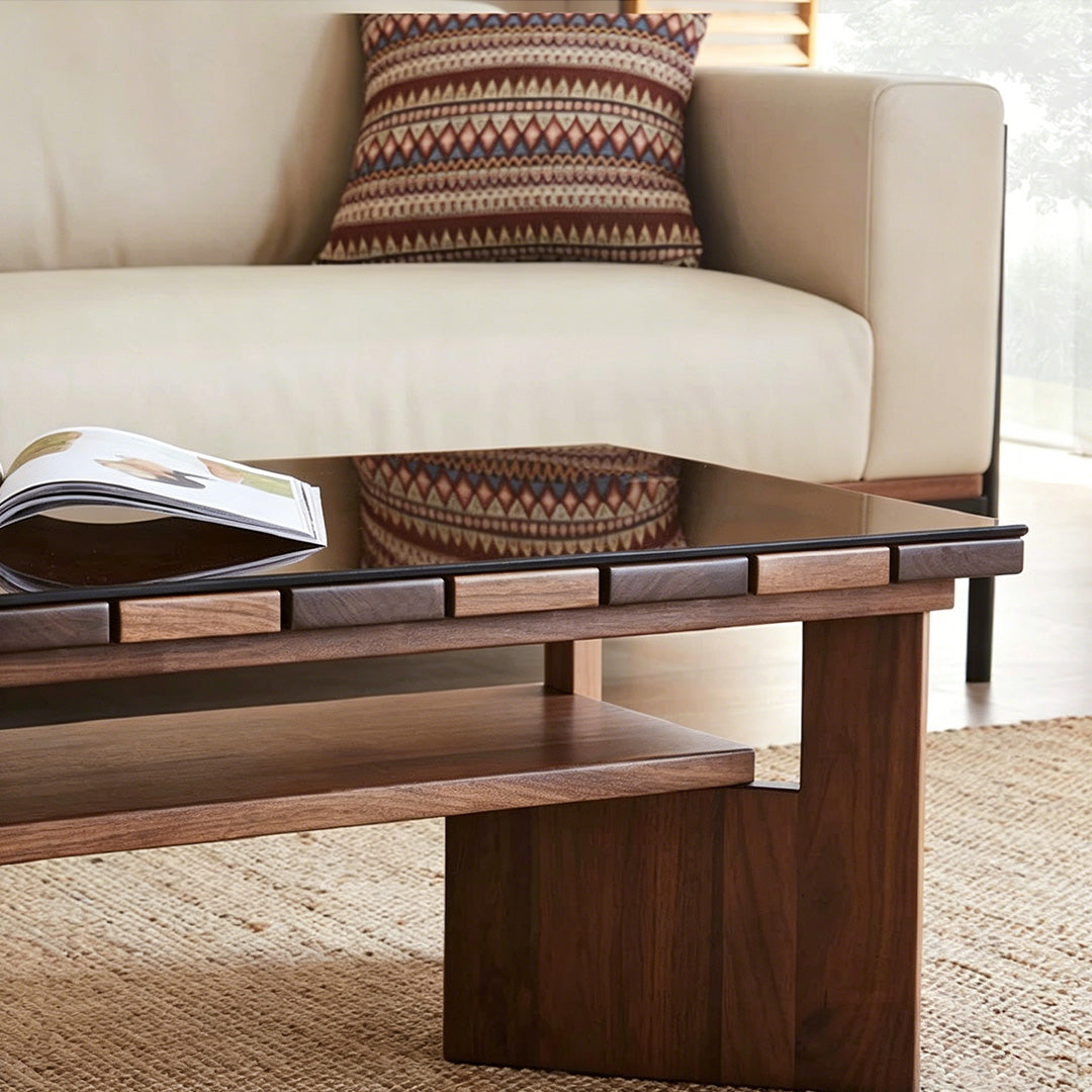 Joseph Walnut Wood And Black Glass Coffee Table
