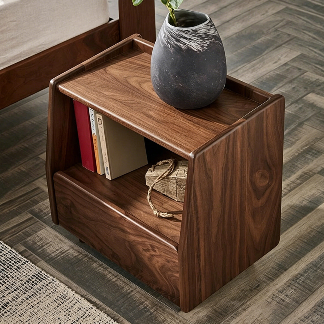 Cillian Walnut Finish Bedside Cabinet With Open Shelf And Drawer