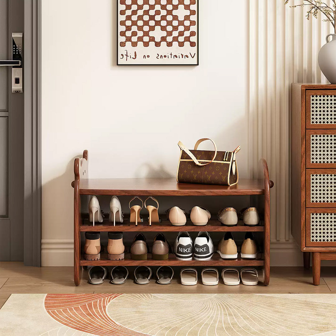 Bramble Walnut Wood 3-Tier Shoe Rack Bench
