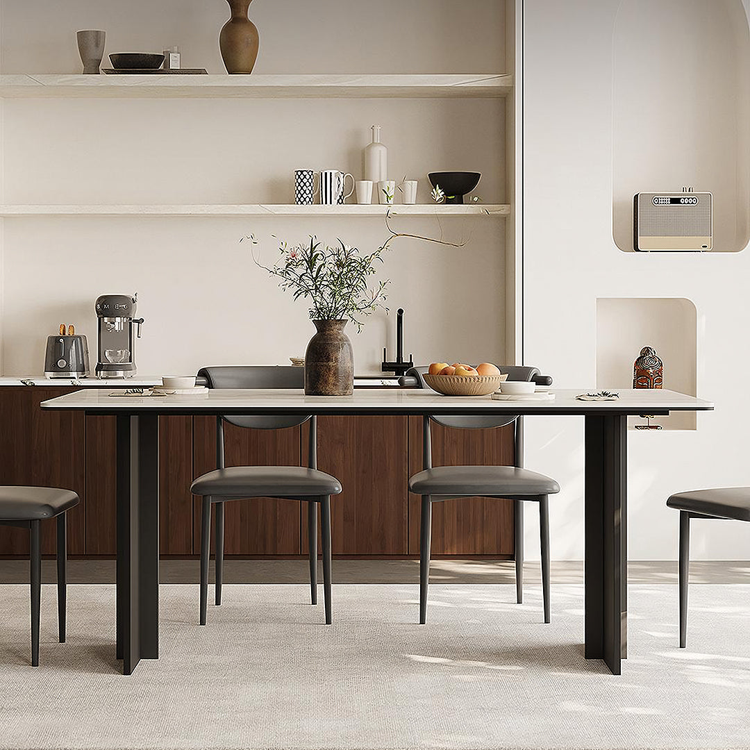 Detail view of Hasegawa Dining Table, Sintered Stone With Black Legs with round glass dining table for 4