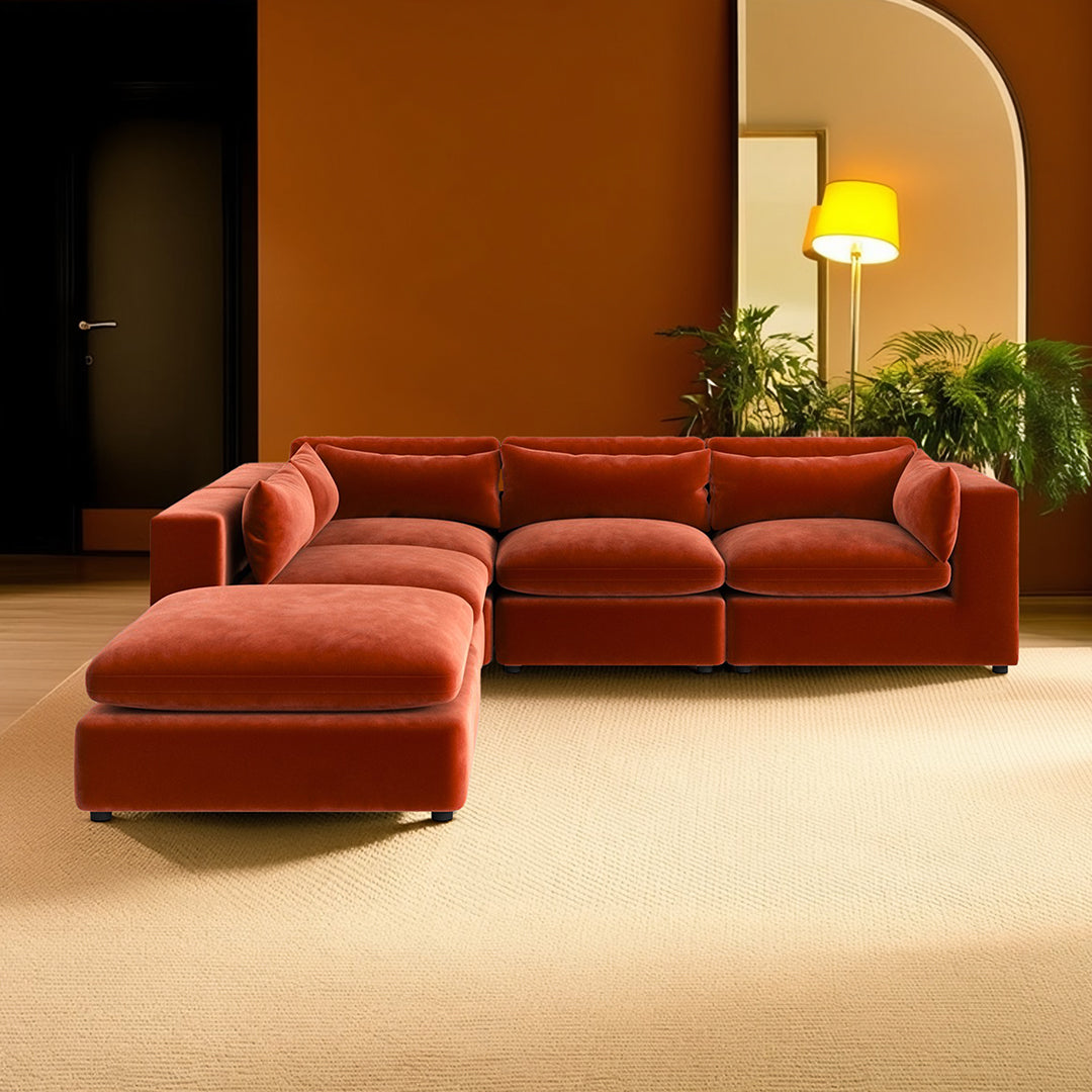 Ranjan Three Seater Corner Sofa, Red Velvet, side view of brown rattan corner sofa