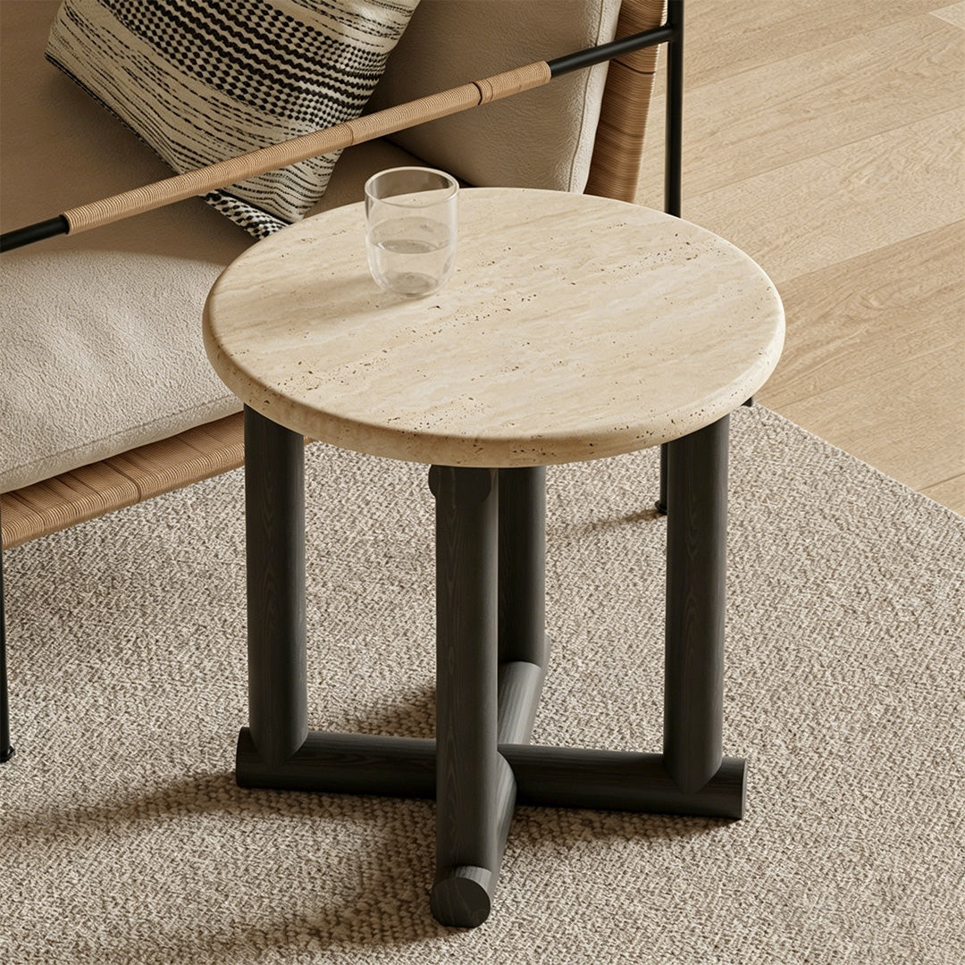 Drake Travertine And Ebony Round Side Table