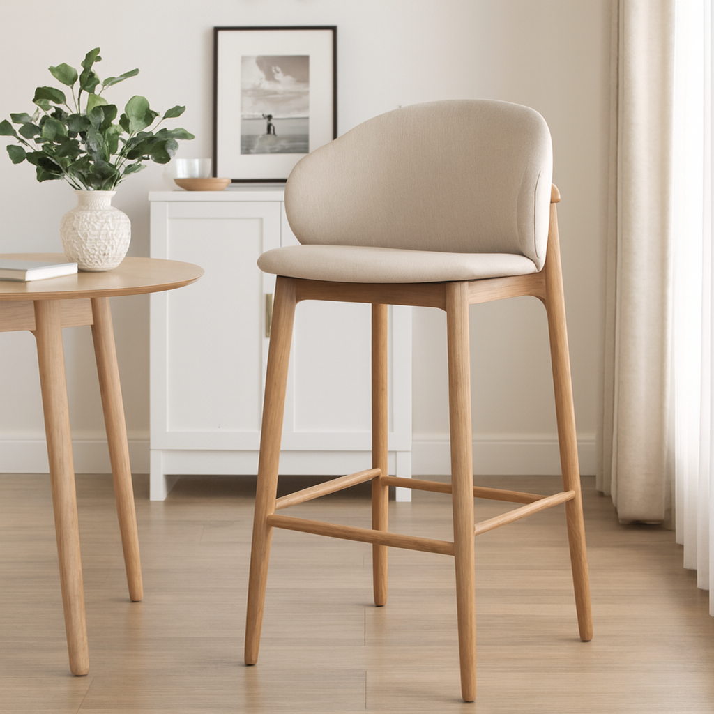 Modern Luxury Furniture Wooden Nordic Bar Stool High Chair Wood Counter Set Wood Fabric Kitchen Restaurant Cafe