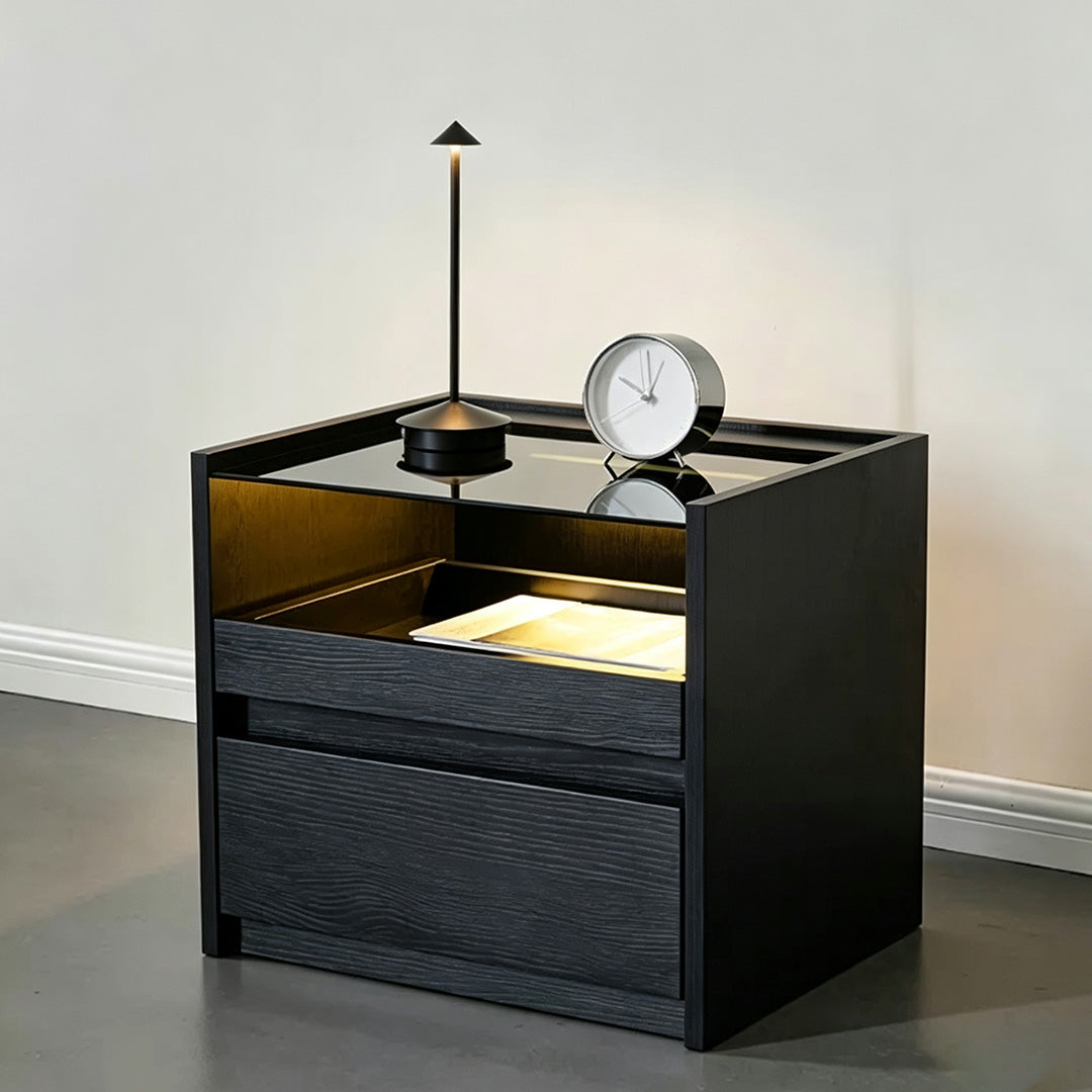 Frank Black Oak Nightstand With Glass Top