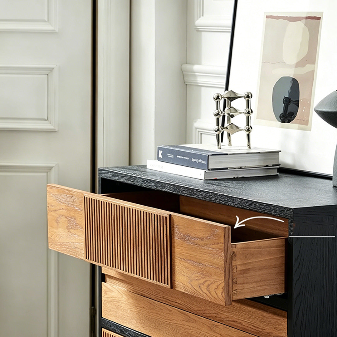 Raymond Black Frame Natural Wood Chest Of Drawers