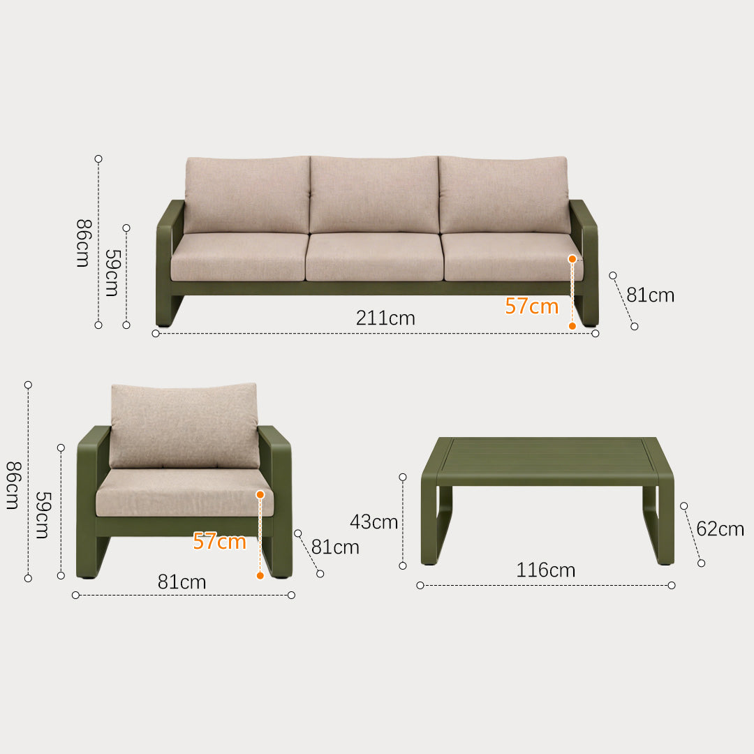 Laurel Olive Green Outdoor Sofa Set With Beige Cushions