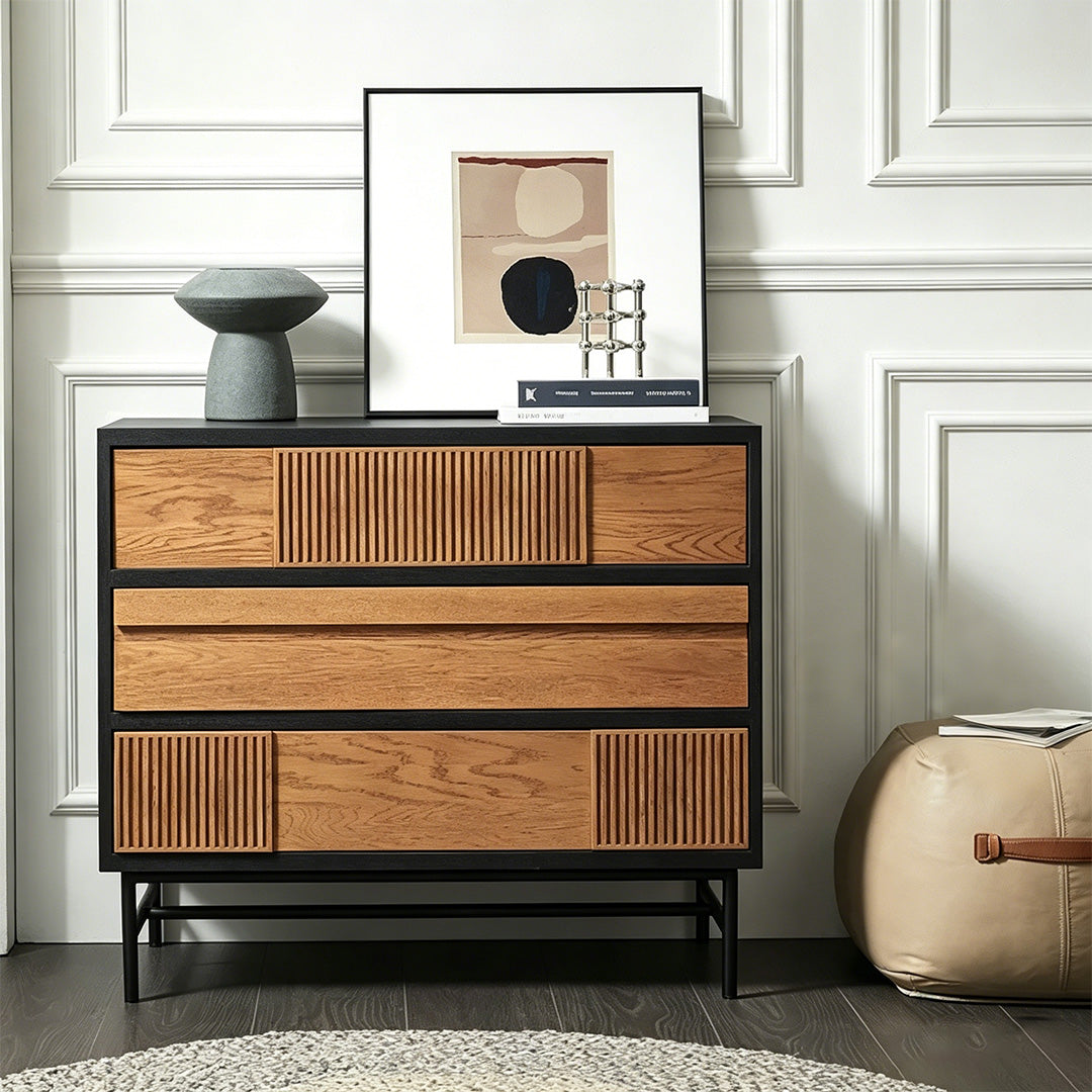 Raymond Black Frame Natural Wood Chest Of Drawers