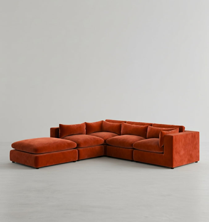 Ranjan Three Seater Corner Sofa, Red Velvet - brown fabric corner sofa
