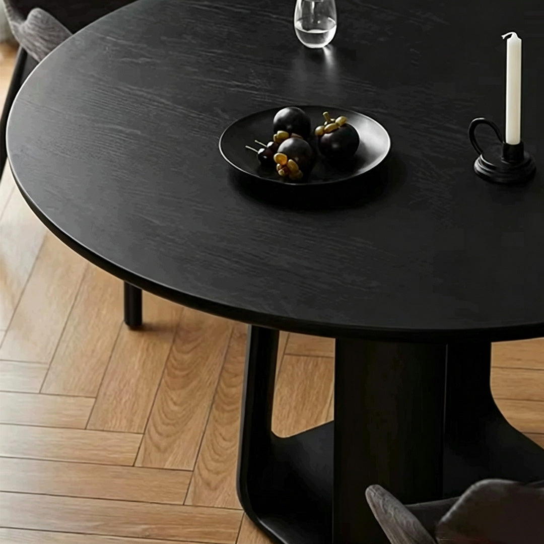 Landon matte black round tabletop and pedestal close view