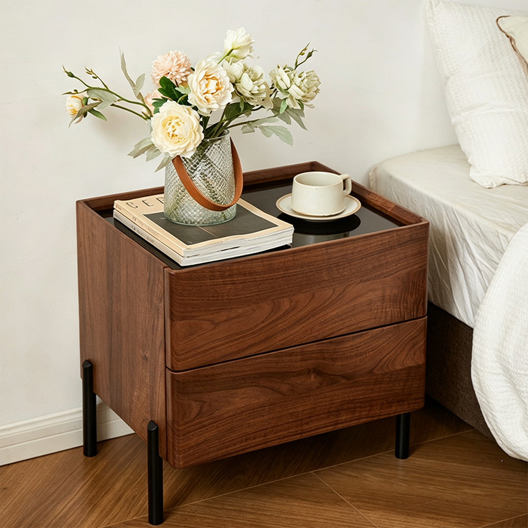 Edmundwalnut Wood Bedside Table With Black Metal Legs