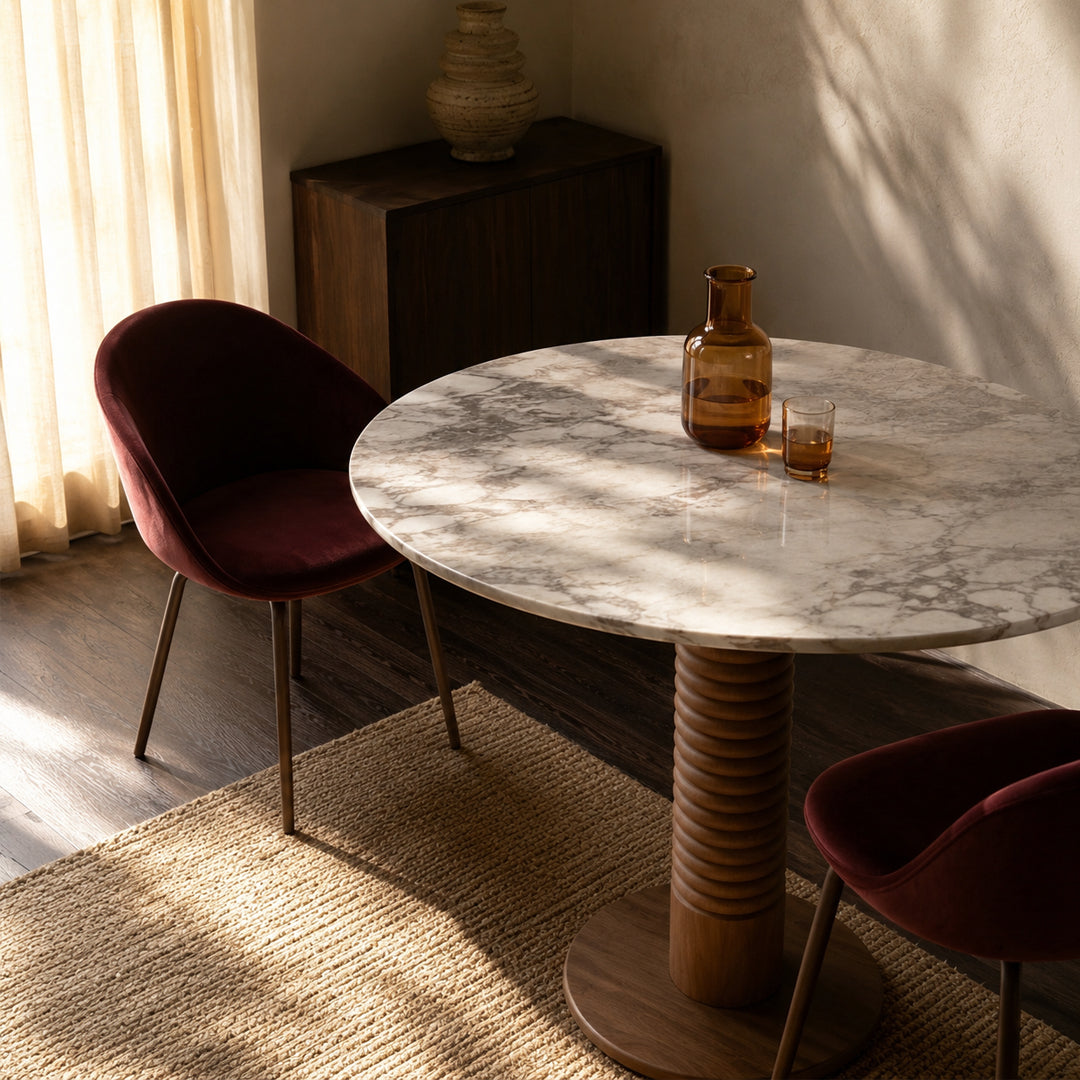 Elara Marble & Walnut Round Dining Table