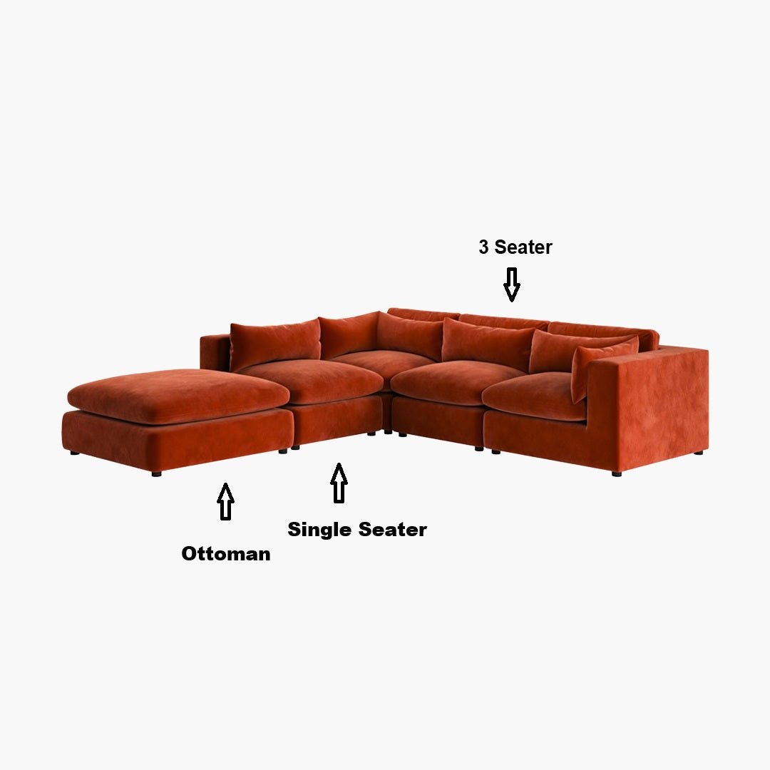 Ranjan Three Seater Corner Sofa, Red Velvet in a lifestyle setting with chaise corner sofa bed