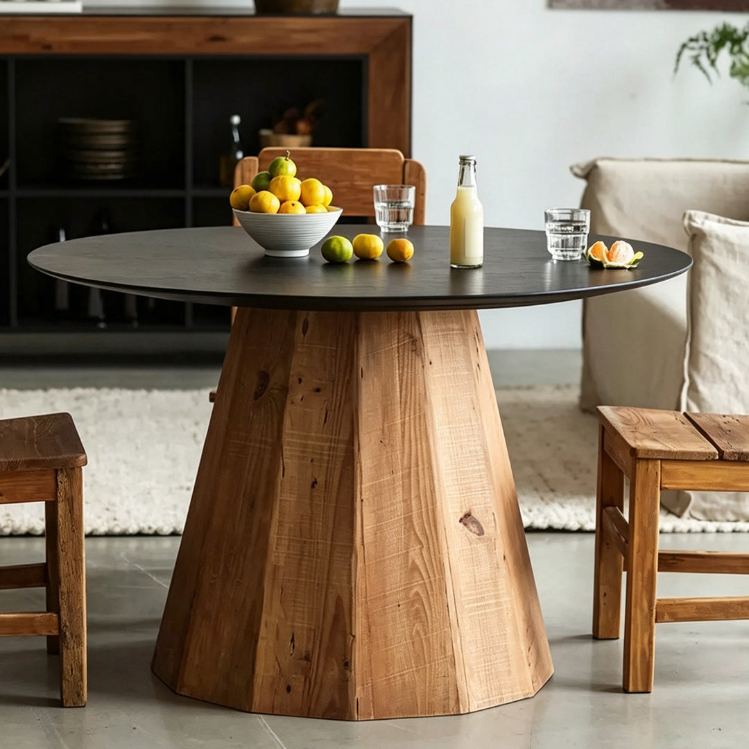 Gordon Natural Wood Base Black Round Dining Table
