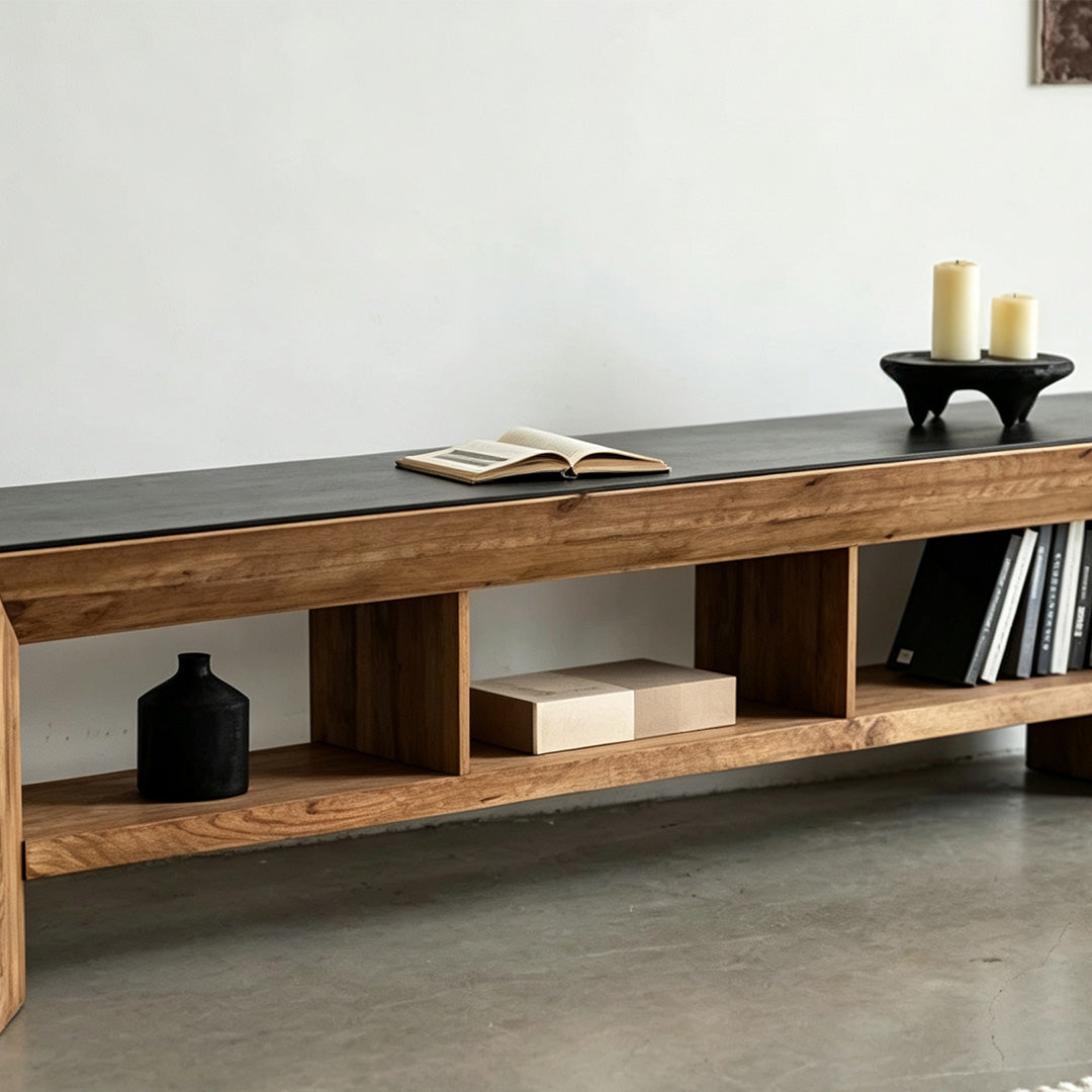Gareth Natural Wood Media Unit With Optional Black Glass Top