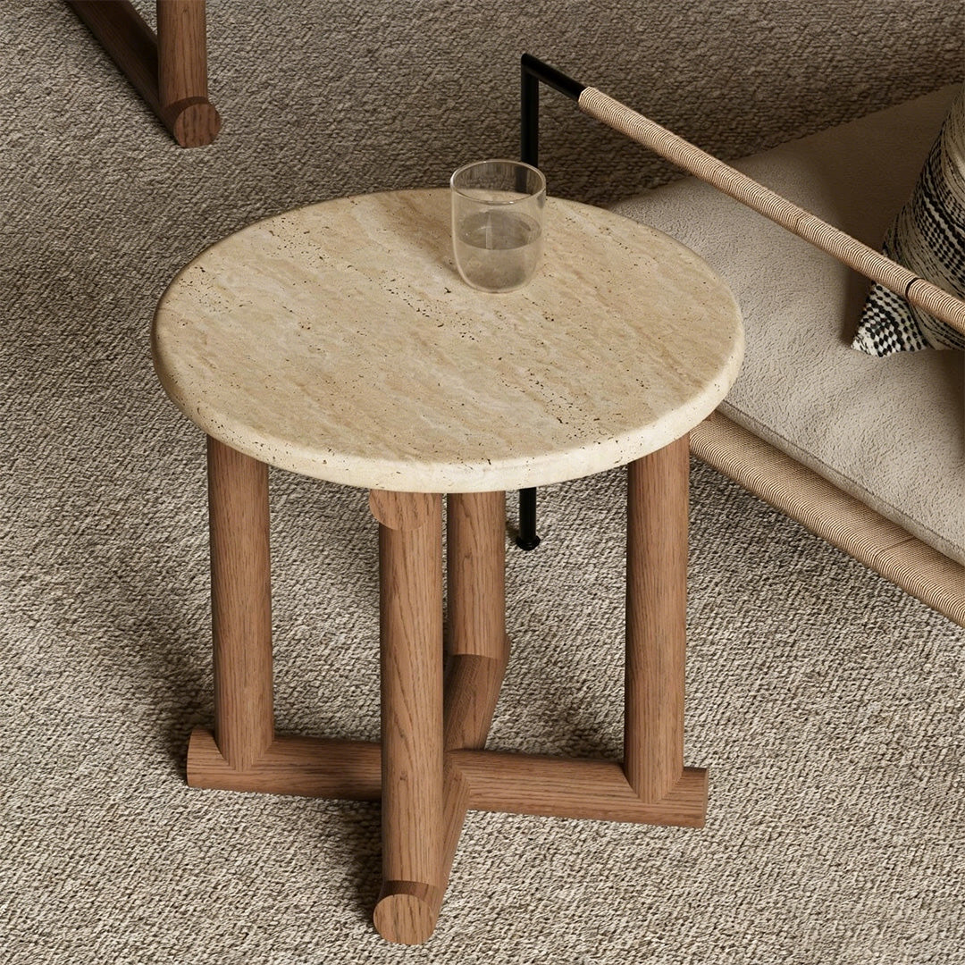 Drake Travertine And Ebony Round Side Table