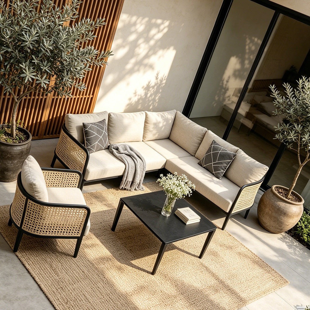 Oliver Natural Cane & Black Frame Corner Sofa Set