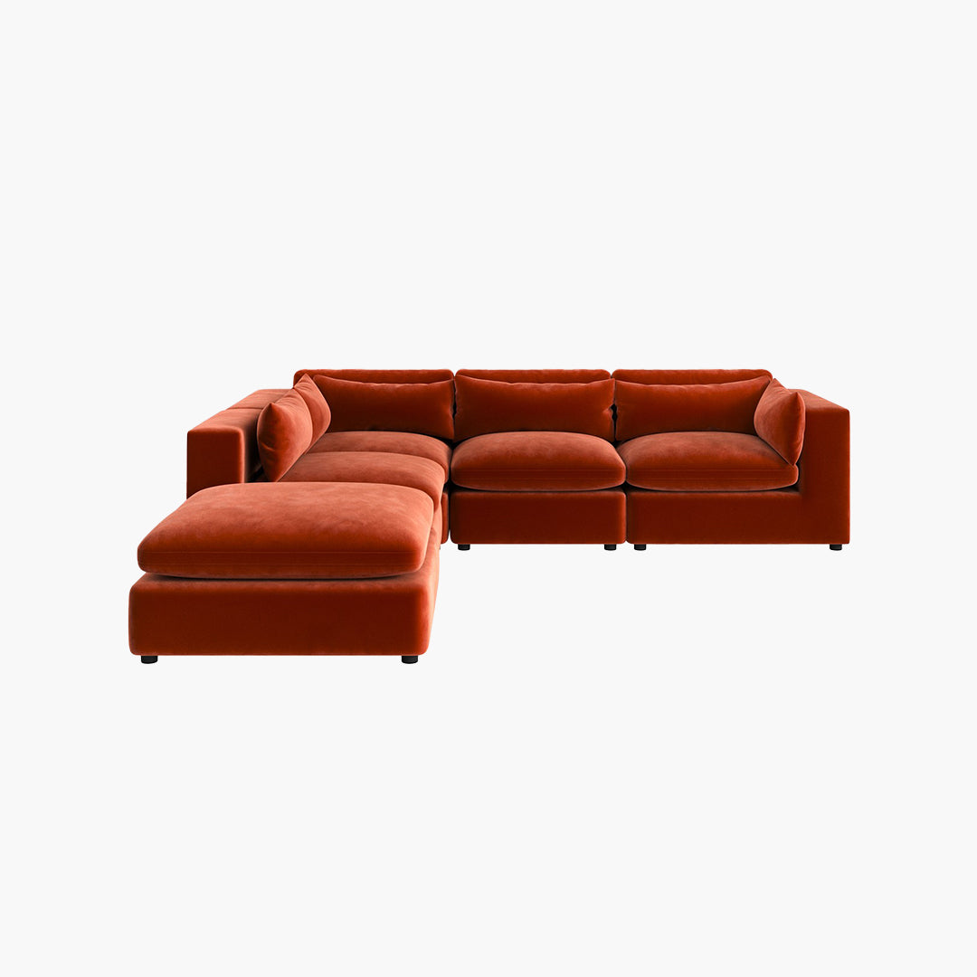 Ranjan Three Seater Corner Sofa, Red Velvet with champagne corner sofa