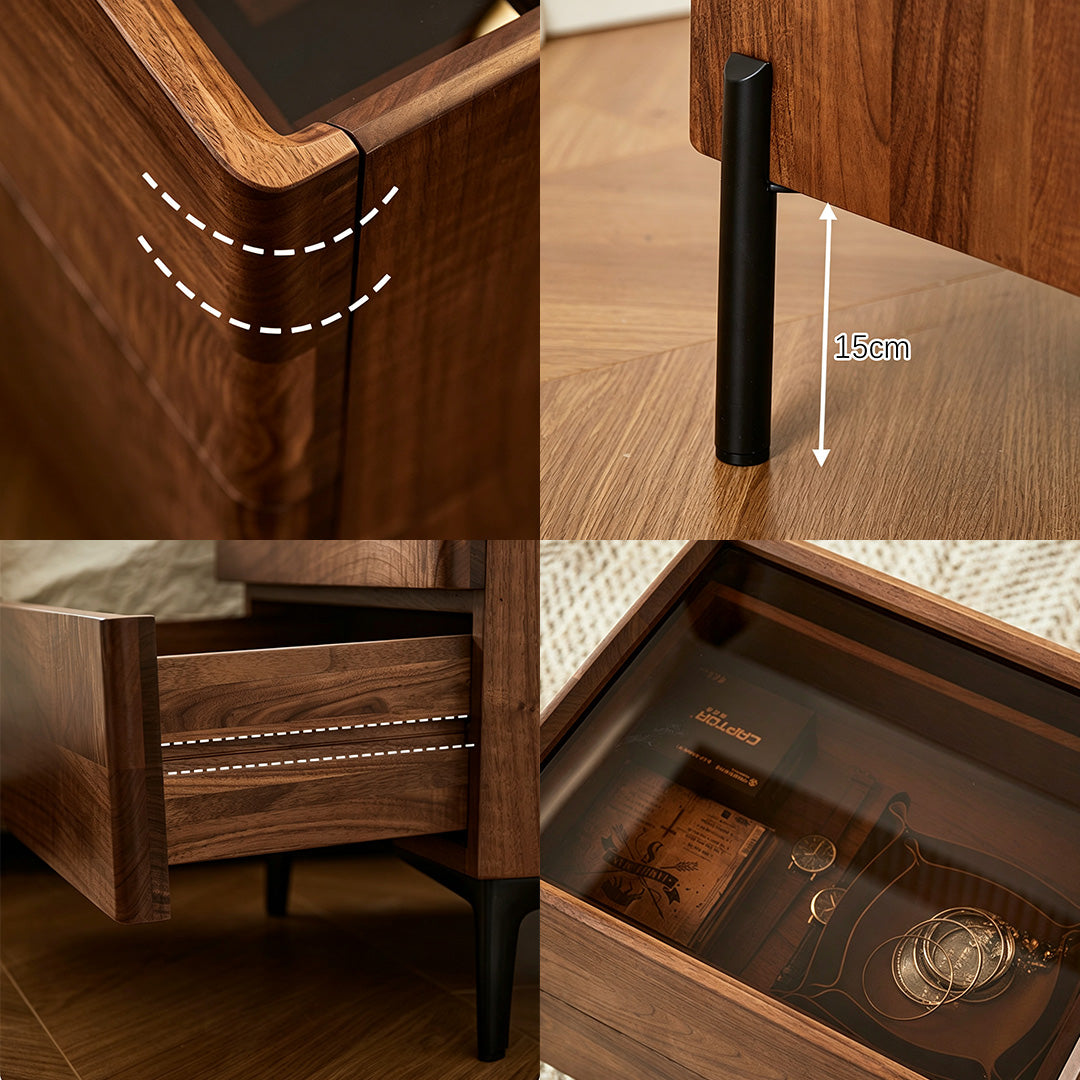 Edmundwalnut Wood Bedside Table With Black Metal Legs
