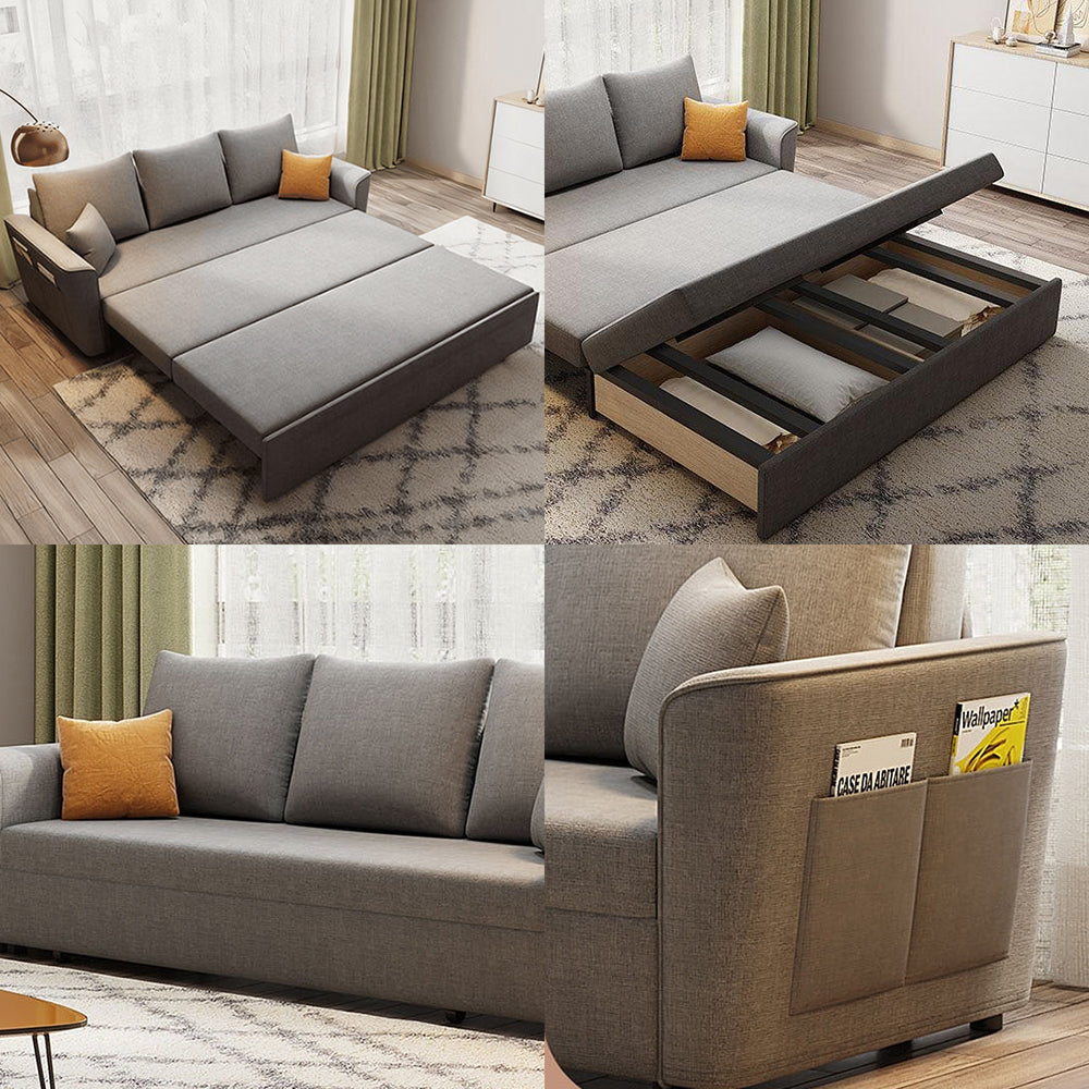 Grey foldable sofa bed shown through conversion stages
