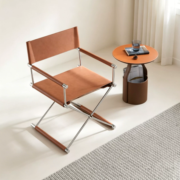 High-end single chair, Bauhaus style, casual folding director chair, Italian minimalist saddle leather dining chair