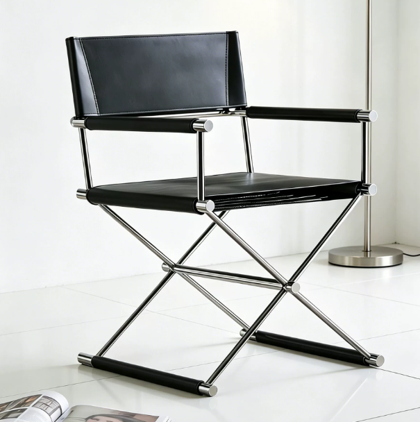 High-end single chair, Bauhaus style, casual folding director chair, Italian minimalist saddle leather dining chair