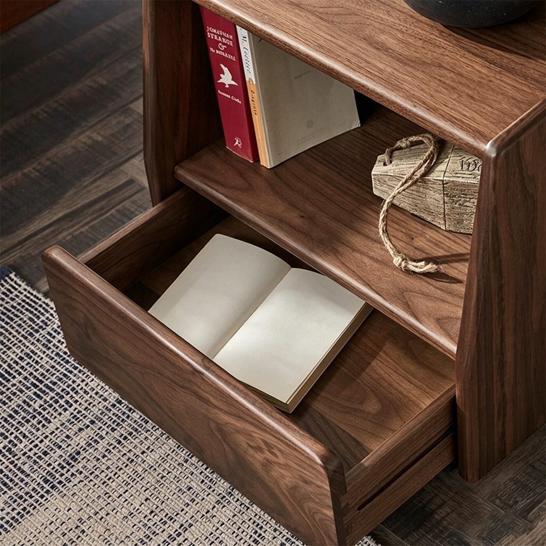 Cillian Walnut Finish Bedside Cabinet With Open Shelf And Drawer