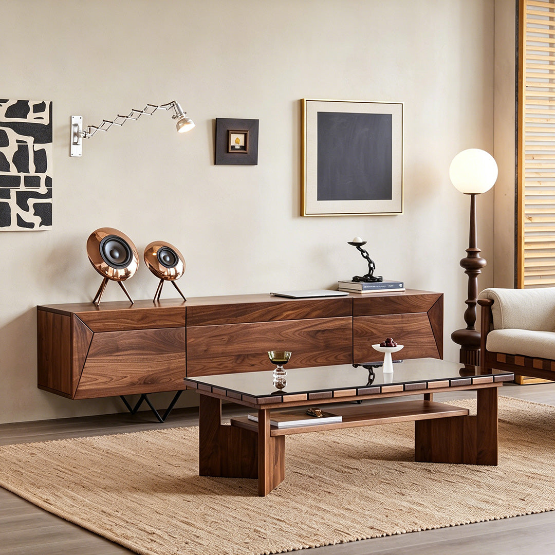 Joseph Walnut Wood And Black Glass Coffee Table