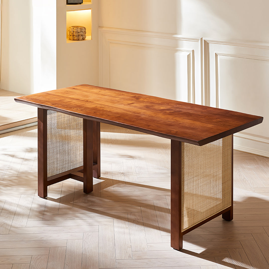 Fuchs Dining Table, Solid Wood & Rattan, Dark Oak, side view of small dining table with bench