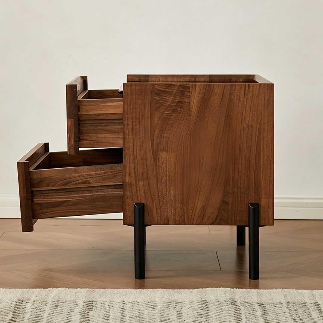 Edmundwalnut Wood Bedside Table With Black Metal Legs