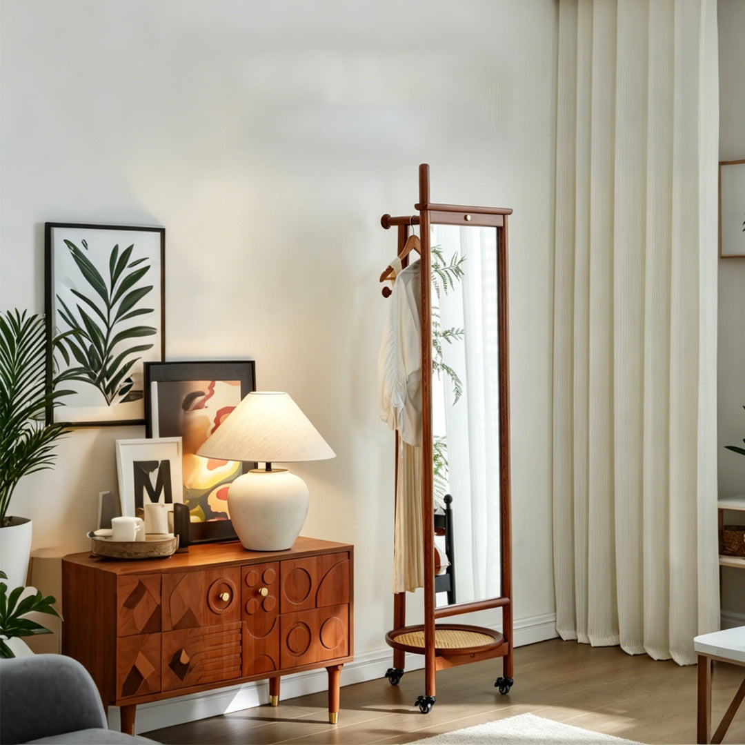 Truman Walnut Wood Freestanding Mirror With Storage